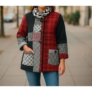 Ali Miles Art To Wear Button Front Houndstooth Jacket Multicolor Wool Blend XL